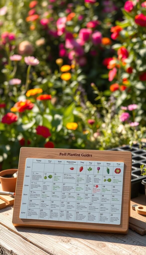 A lush garden backdrop with vibrant flowers and foliage. In the foreground, a wooden planting guide showcases a detailed calendar with various crops and their optimal sowing/planting times, meticulously illustrated. The guide is placed on a rustic wooden table, with gardening tools and seedling trays arranged neatly around it. Soft, natural lighting casts warm shadows, creating a serene, inviting atmosphere. The composition balances the informative planting guide with the scenic, nature-inspired setting, conveying the harmony between practical gardening knowledge and the beauty of the natural world.