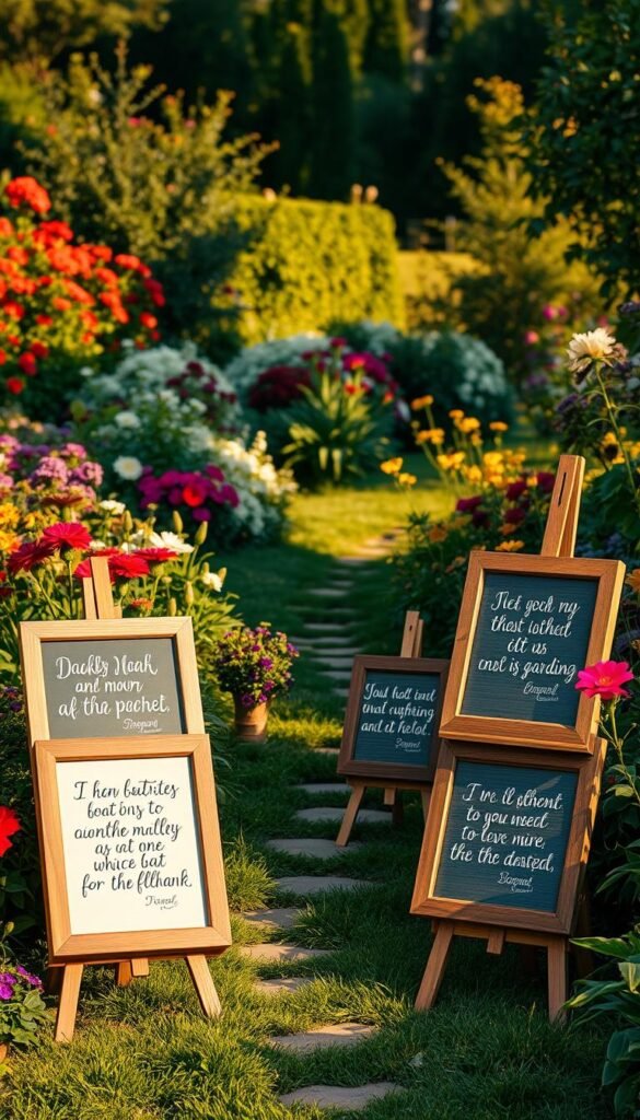 A lush garden backdrop with vibrant flowers and greenery, illuminated by warm, golden sunlight. In the foreground, a collection of wooden frames, easels, and other rustic displays showcasing handwritten gardening quotes in elegant calligraphy. The quotes are artfully arranged, creating a visually captivating and inspirational scene. The middle ground features a path winding through the garden, inviting the viewer to explore and discover the creative quote displays. The overall atmosphere is one of serene tranquility, where nature and the written word seamlessly intertwine, inspiring daily contemplation and appreciation for the beauty of the garden.