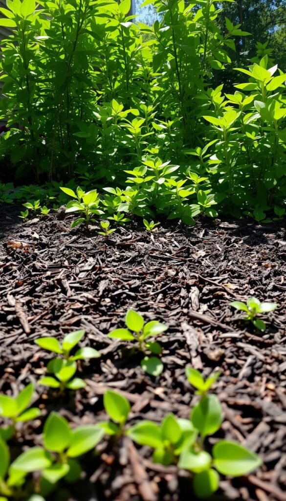 A lush garden bed with vibrant green foliage, its surface blanketed by a layer of rich, dark mulch. The mulch forms a protective barrier, suppressing the growth of opportunistic weeds that would otherwise compete for the soil's nutrients. Sunlight filters through the verdant canopy, casting a warm, natural glow across the scene. The mulch's textured surface catches the light, creating a visually appealing contrast with the surrounding vegetation. In the foreground, the mulch seamlessly integrates with the soil, creating a cohesive, harmonious landscape that showcases the power of this simple, yet effective, gardening technique.