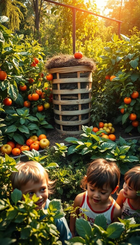 A lush garden filled with vibrant greenery, a centerpiece compost bin standing tall, surrounded by a diverse array of fruits and vegetables. Sunlight filters through, casting a warm, natural glow. In the foreground, curious children observe the composting process, their faces alight with wonder and discovery. The scene exudes a sense of environmental harmony, where food waste is transformed into nourishing soil, ready to support the growth of a thriving, sustainable garden. Captured with a wide-angle lens, the image conveys the positive impact of composting on the environment, inspiring young minds to embrace this eco-friendly practice.