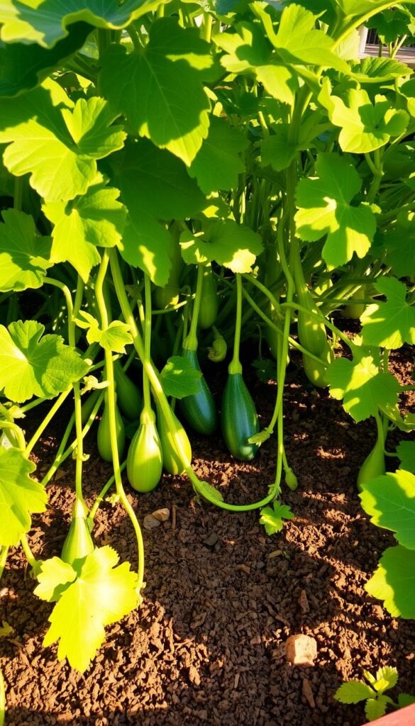 A lush garden filled with vibrant zucchini plants, their broad leaves and trailing vines sprawling across the raised bed. The sun casts a warm, golden glow, illuminating the tender green squash peeking out from beneath the foliage. Dappled shadows dance across the scene, adding depth and texture. The zucchini are in various stages of growth, some small and just emerging, others plump and ready for harvest. The soil is rich and loamy, teeming with life. A sense of abundance and productivity permeates the frame, capturing the essence of the "Zucchini: The Overachiever" section.