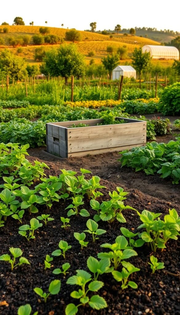 A lush garden landscape filled with vibrant greenery, showcasing a timeline of seasonal planning and preparation. In the foreground, neatly organized garden beds with rich, dark soil and thriving seedlings. In the middle ground, a weathered wooden planter box with carefully labeled sections for different crops. In the background, a rolling hill dotted with fruit trees and a distant greenhouse, all bathed in warm, golden-hour lighting. The overall composition conveys a sense of harmony, organization, and the natural cycles of an organic garden.