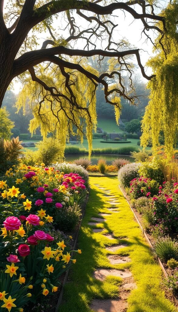 A lush garden oasis, bathed in warm, golden sunlight. A winding path leads through a vibrant tapestry of blooming flowers - vibrant roses, cheerful daffodils, and cascading vines. Towering oak trees frame the scene, casting gentle shadows that dance across the well-tended beds. In the distance, a tranquil pond reflects the surrounding greenery, creating a serene, inviting atmosphere. The overall composition evokes a sense of natural harmony, with carefully balanced elements that draw the eye through the idyllic landscape. This is the perfect setting to cultivate a thriving flower garden, where one can immerse themselves in the beauty of nature.