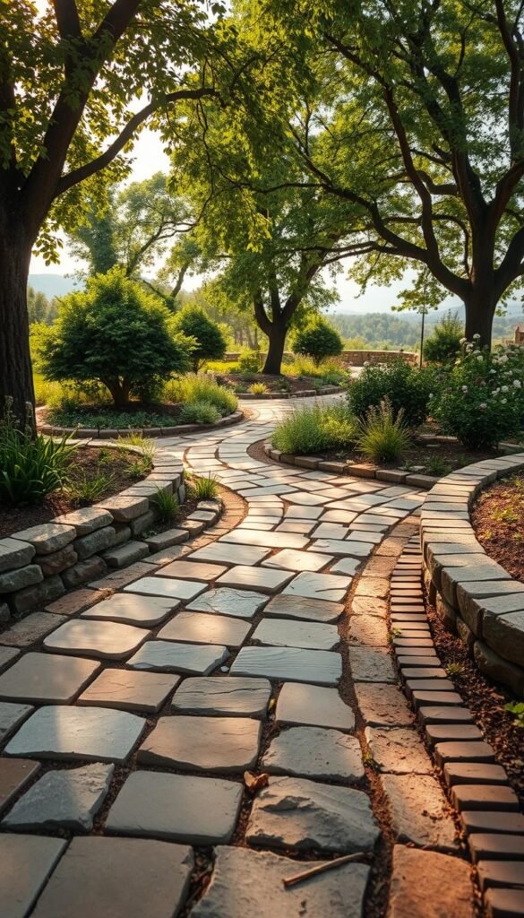 A lush garden oasis, the foreground showcasing an array of natural paving materials - smooth river stones, weathered flagstone, and rustic bricks arranged in a harmonious pattern. The middle ground features a winding path, inviting exploration, its edges softened by verdant plants and delicate flowers. Overhead, dappled sunlight filters through a canopy of mature trees, casting a warm, golden glow over the scene. The background fades into a tranquil, hazy horizon, creating a sense of depth and serenity. The overall composition exudes a timeless, organic charm, perfectly capturing the essence of a beautiful, well-designed garden landscape.