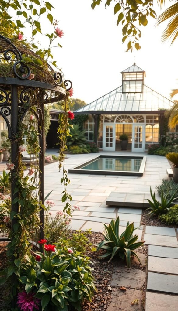 A lush garden oasis, where vintage charm and modern elegance intertwine. In the foreground, a weathered iron gazebo dripping with cascading vines and trailing flowers, its intricate metalwork a nod to the past. In the middle ground, a sleek reflecting pool mirrors the contemporary stone patio, surrounded by a mix of native and exotic plants in a harmonious color palette. The background features a towering glass greenhouse, its angular silhouette a striking contrast to the organic shapes of the garden. Warm, diffused sunlight filters through the canopy, casting a soft, romantic glow over the entire scene. This is a space where the old and the new coexist in perfect balance, creating an enchanting, timeless atmosphere.