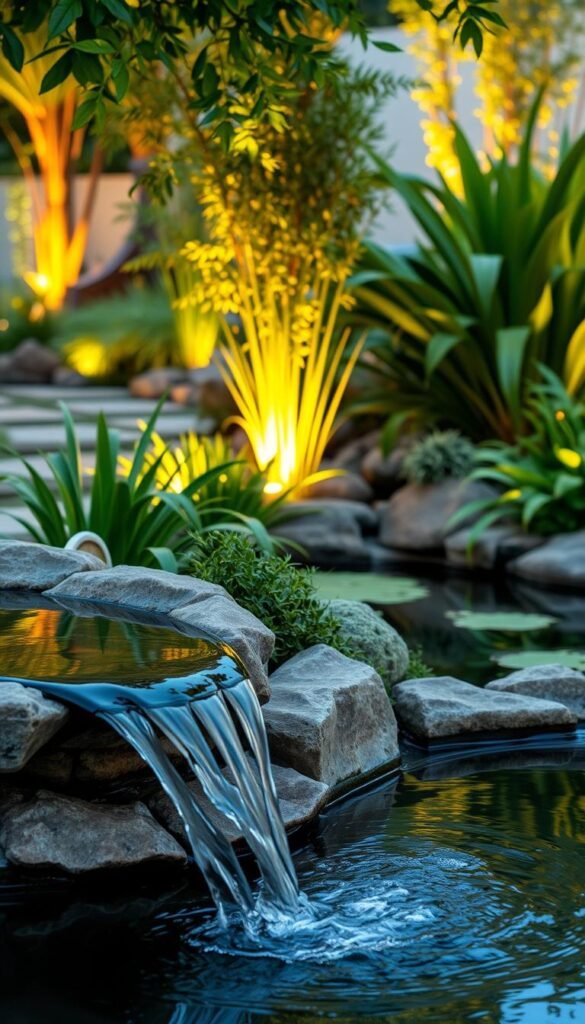 A lush garden oasis, with a serene pond reflecting the soft glow of outdoor lighting. In the foreground, a well-crafted water feature cascades over natural stone, its gentle sounds soothing the senses. The middle ground showcases a carefully curated selection of verdant plants, their leaves gently swaying in the evening breeze. In the background, strategically placed lighting illuminates the surrounding landscape, creating a warm and inviting atmosphere. The overall scene exudes a sense of tranquility and harmony, perfectly capturing the essence of an outdoor space designed for relaxation and rejuvenation.