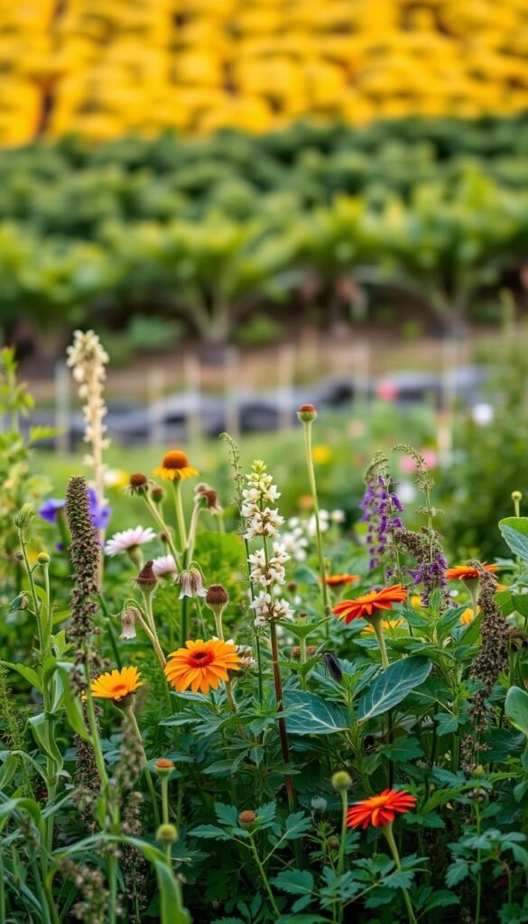 A lush garden scene with an array of natural pest deterrents in the foreground. In the middle ground, various herbs and flowers strategically placed to ward off unwanted pests. The background features a verdant landscape, with a warm, golden-hour lighting that casts a soft, inviting glow. The composition is balanced, with a focus on the natural pest control methods, showcasing their effectiveness in an organic, chemical-free setting. The image exudes a sense of harmony between nature and gardening, inspiring viewers to embrace sustainable pest management practices.
