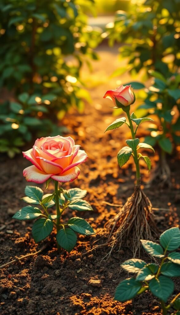 A lush garden scene with two distinctive rose planting methods showcased side by side. In the foreground, a neatly potted container rose, its vibrant petals contrasted against the rich soil. Beside it, a bare-root rose, its delicate roots freshly planted into the earth, surrounded by a soft, hazy background of verdant foliage. Warm, golden sunlight bathes the scene, creating a serene and inviting atmosphere. The composition is balanced, drawing the viewer's eye to the central planting comparison. Detailed textures, from the rose's velvety blooms to the soil's earthy tones, lend an authentic, documentary-style realism to the image.