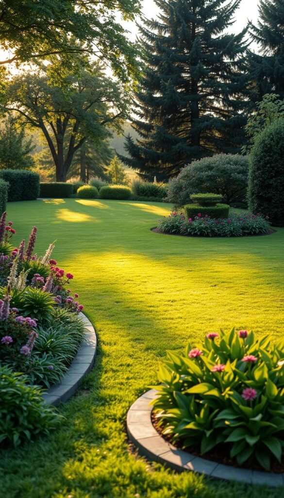 A lush garden setting with a prominent, neatly trimmed garden edging in the foreground, creating a visually appealing and cohesive landscape. The edging, perhaps made of stone or wood, seamlessly blends with the surrounding plants and flowers, accentuating their vibrant colors and textures. In the middle ground, a well-manicured lawn stretches out, leading the eye towards a backdrop of mature trees and shrubs, casting soft, warm shadows across the scene. The lighting is gentle, with a golden hour glow illuminating the garden, evoking a serene and tranquil atmosphere. The overall composition emphasizes the role of the garden edging in framing and enhancing the beauty of the entire landscape.