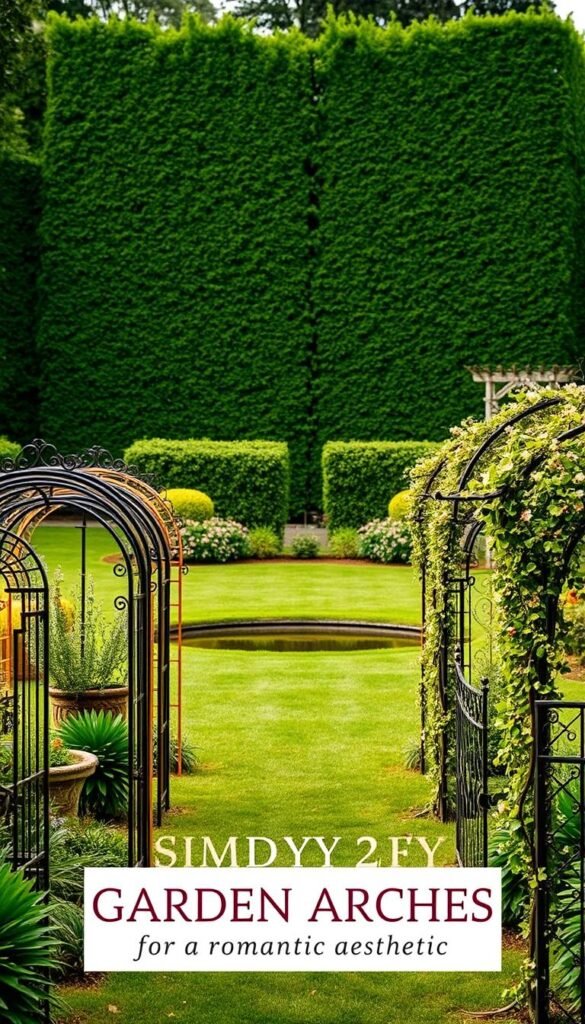 A lush garden with an array of ornate garden arches in the foreground, showcasing a variety of styles and materials. The arches range from classic wrought-iron designs to rustic wooden trellises and delicate, flowering vine-covered structures. In the middle ground, a well-manicured lawn leads the eye towards a tranquil pond, while the background features a verdant, towering hedge maze, creating a sense of depth and enclosure. The lighting is soft and diffused, casting a warm, romantic glow over the scene, accentuating the intricate details of the arches and the lush greenery. The overall atmosphere is one of peaceful solitude and timeless elegance, perfectly suited for a "Simple DIY Garden Arches for a Romantic Aesthetic" feature.