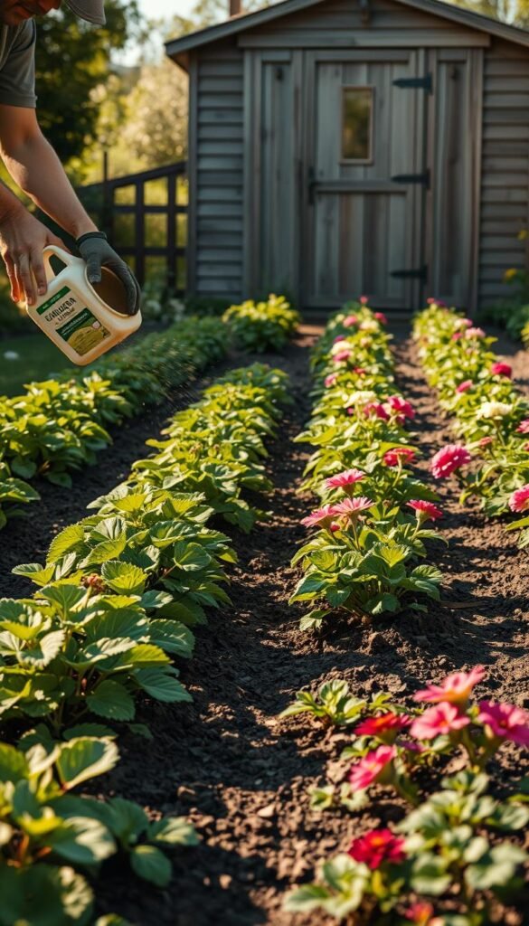 A lush garden with rows of thriving plants, their leaves gently swaying in the soft breeze. In the foreground, a gardener carefully applies a balanced fertilizer, their movements precise and methodical. The midground features a variety of flowering plants, their vibrant colors contrasting with the rich, dark soil. In the background, a wooden shed stands tall, its weathered boards casting long shadows across the scene. The lighting is warm and natural, creating a peaceful, contemplative atmosphere. The image captures the essence of timing fertilizer applications for optimal plant health and growth.