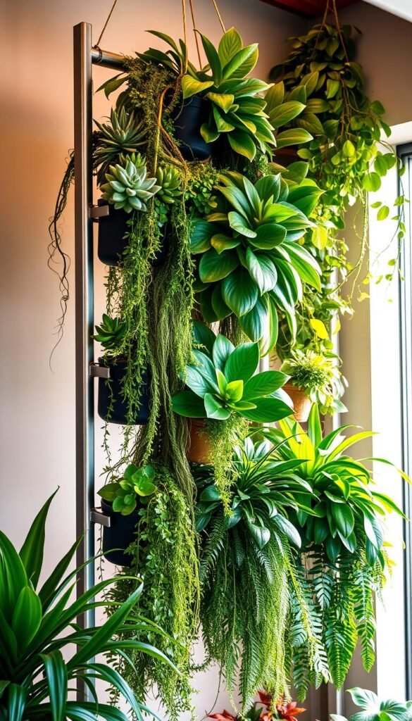 A lush, hanging vertical garden display showcasing an array of thriving potted plants cascading down a sleek, modern metal frame. The foreground features an assortment of thriving succulents, ferns, and trailing vines artfully arranged in a visually striking composition. The middle ground showcases larger leafy plants like monstera and philodendrons, their verdant foliage creating a sense of depth and natural abundance. The background is bathed in warm, natural lighting, casting a soft, ethereal glow that accentuates the vibrant greenery. The overall scene conveys a serene, harmonious integration of nature and contemporary design, inspiring ideas for innovative vertical gardening solutions.
