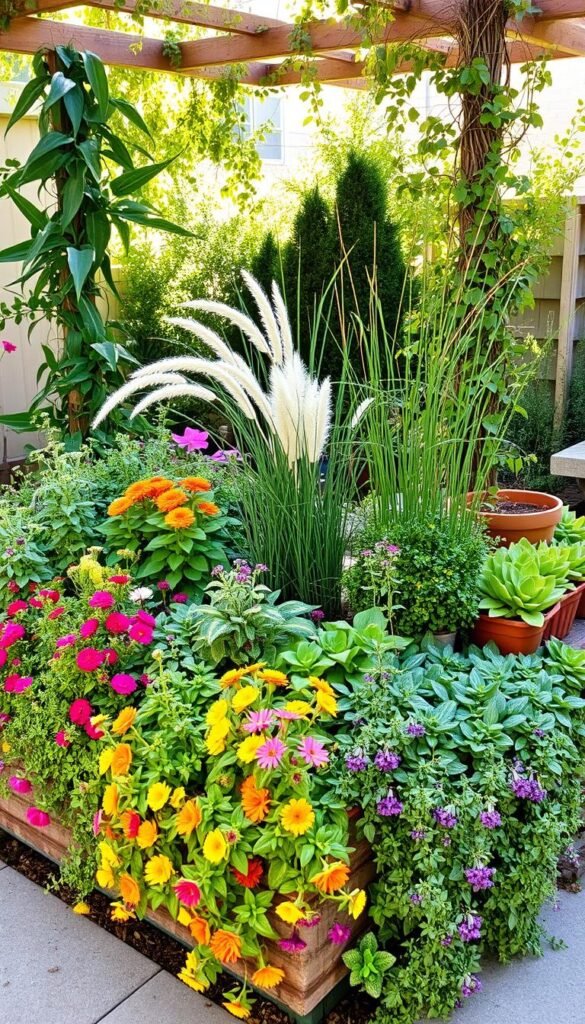 A lush, harmonious arrangement of diverse, compact plants thriving in a small, well-designed garden. In the foreground, a vibrant mix of flowering perennials and trailing vines cascade over a raised planter, creating a cascading effect. In the middle ground, a carefully curated selection of compact shrubs and ornamental grasses add texture and structure, while strategically placed pots of succulents and herbs accent the layout. The background features a trellis or pergola, softened by the gentle sway of climbing vines, setting the scene for an inviting, nature-inspired oasis. Dappled sunlight filters through, casting a warm, serene glow over the entire composition. The overall scene evokes a sense of tranquility and inspiration for gardeners seeking to maximize the potential of their small outdoor spaces.
