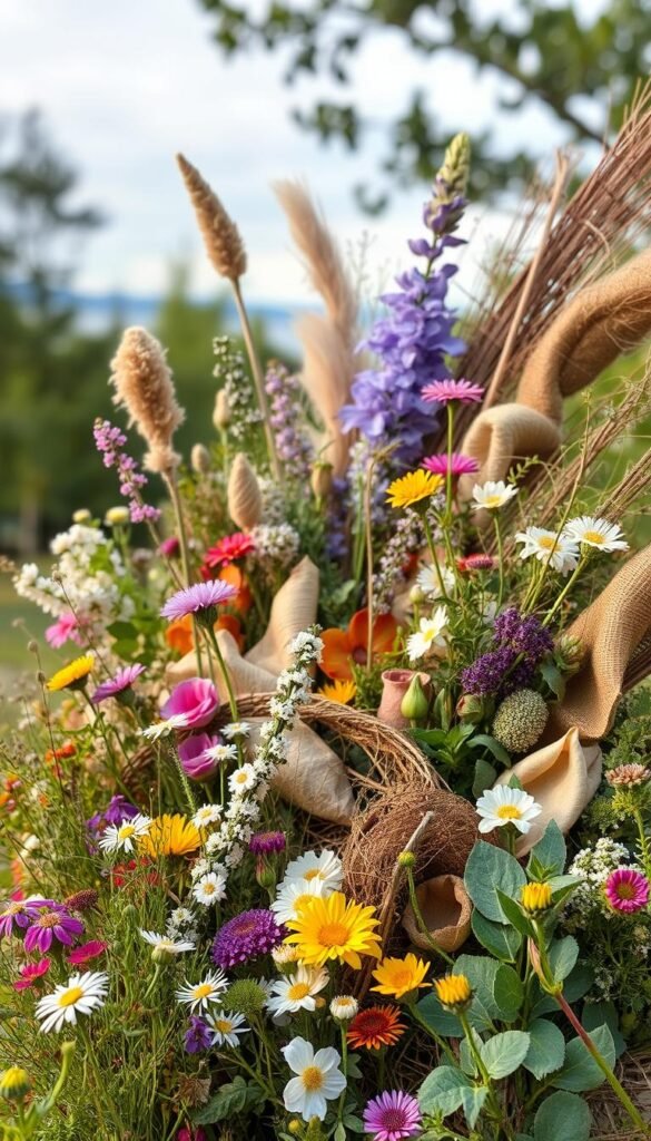 A lush, harmonious arrangement of eco-friendly floral materials in a serene, natural setting. In the foreground, a vibrant display of locally-sourced blooms, including delicate wildflowers, fragrant herbs, and sustainably-grown plants. The middle ground features an array of earthy, biodegradable materials, such as natural fibers, dried leaves, and recycled fabrics, artfully woven into a visually captivating display. The background showcases a tranquil outdoor scene, with soft, diffused lighting gently illuminating the composition, creating a serene, organic atmosphere. The overall image conveys a sense of harmony between nature and sustainable design, inspiring viewers to explore the possibilities of eco-friendly floral arrangements.