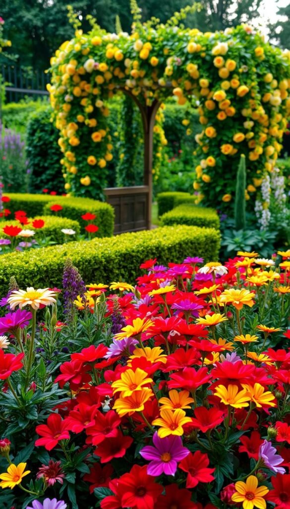 A lush, harmonious garden bursting with vibrant colors and natural beauty. In the foreground, a vibrant flower bed showcases a captivating arrangement of blooms in a kaleidoscope of hues - from deep reds and vivid purples to sunny yellows and delicate pastels. The middle ground features neatly trimmed shrubs and verdant foliage, creating a lush, inviting ambiance. In the background, a picturesque gazebo or trellis is draped in cascading vines and flowers, framing the scene with a sense of enchantment. Soft, diffused lighting illuminates the garden, casting a warm, magical glow and accentuating the rich, saturated colors. The overall composition exudes a serene, tranquil atmosphere, inviting the viewer to step into this vibrant, harmonious outdoor oasis.