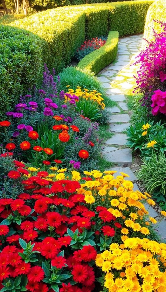 A lush, harmonious garden bursting with vibrant, complementary colors. In the foreground, a vibrant array of flowering plants - vivid reds, deep purples, and sunny yellows - arranged in a cohesive, artful pattern. The middle ground features a mix of verdant foliage in varying shades of green, creating a sense of depth and dimension. In the background, a stone pathway winds through the scene, framed by tidy hedges in a cooler palette of blues and greens. Warm, diffused lighting casts a golden glow, accentuating the richness of the colors and textures. The overall effect is one of a well-designed, visually striking garden oasis, showcasing the power of intentional color coordination in a compact space.