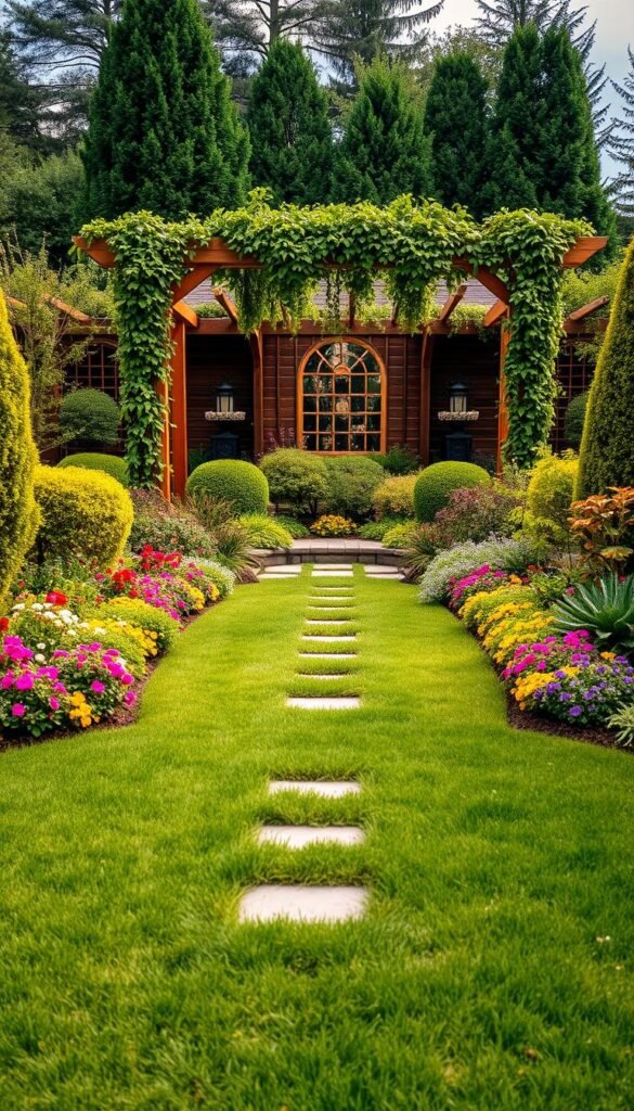 A lush, harmonious garden design with a carefully curated balance of plants, textures, and hardscaping elements. The foreground features a well-manicured lawn leading up to a central, geometric-patterned stone pathway. Flanking the path are vibrant, colorful flower beds with a mix of perennials and annuals. The middle ground showcases a variety of shrubs and small trees, strategically placed to create visual interest and depth. In the background, a wooden pergola draped with climbing vines and decorative trellises provides a sense of enclosure and structure. Soft, warm lighting illuminates the scene, casting a gentle glow and creating an inviting, tranquil atmosphere. The overall composition exudes a sense of balance, symmetry, and intentional design, perfectly capturing the essence of a "balanced garden design." Prompt