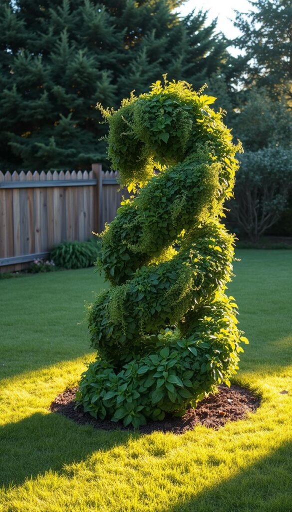 A lush herb spiral design set in a serene garden landscape. The spiral structure rises organically from the ground, its layers of various aromatic herbs cascading down in a captivating display. Warm afternoon sunlight filters through the foliage, casting gentle shadows and highlighting the texture of the plants. The spiral is surrounded by a neatly manicured lawn, and in the background, a wooden fence and a few mature trees create a sense of privacy and enclosure. The overall composition conveys a harmonious blend of functionality and aesthetic appeal, showcasing an efficient and visually striking way to organize an outdoor herb garden.