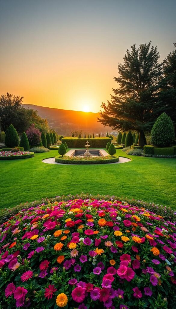 A lush, idyllic garden landscape showcasing harmonious design principles. In the foreground, a meticulously arranged flower bed in a radial pattern, bursting with vibrant blooms and lush foliage. The middle ground features a gently winding path flanked by well-pruned shrubs and ornamental trees, leading the eye towards a tranquil pond or water feature. In the background, rolling hills or a distant forest provide a serene, natural backdrop, bathed in the soft, warm glow of a golden hour sunset. The overall composition embodies balance, rhythm, and a sense of peaceful contemplation, inviting the viewer to immerse themselves in the thoughtfully designed outdoor space.