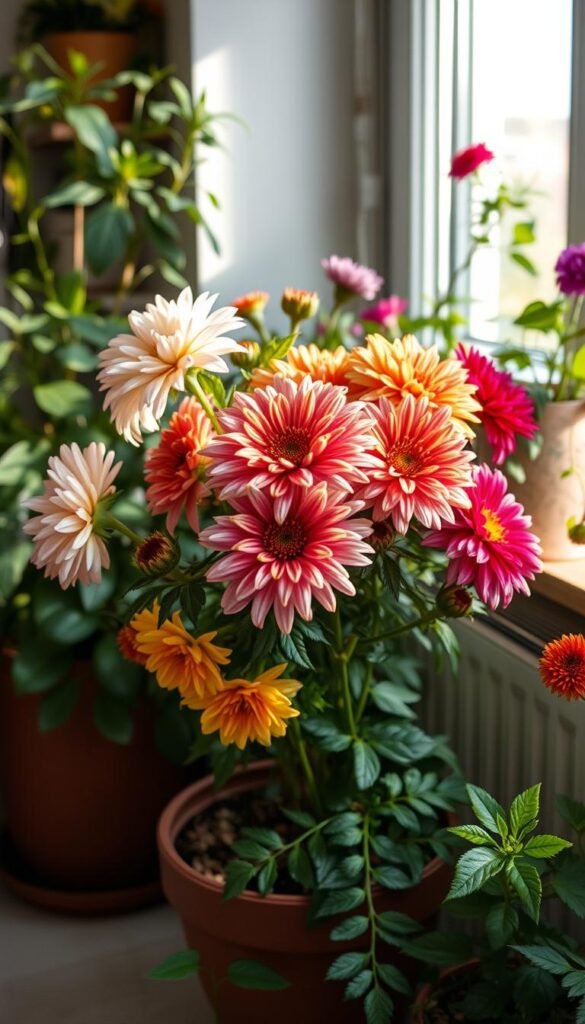 A lush, indoor garden setting with a potted chrysanthemum plant as the focal point. The plant is in full bloom, its vibrant flowers ranging from delicate pastels to rich, saturated hues. The petals cascade gracefully, creating a sense of movement and vibrancy. Soft, natural lighting filters through a nearby window, casting a warm glow and gentle shadows across the scene. In the background, hints of other thriving houseplants can be seen, suggesting a well-curated indoor oasis. The overall composition is balanced and visually captivating, showcasing the beauty and charm of the chrysanthemum in an intimate, domestic setting.