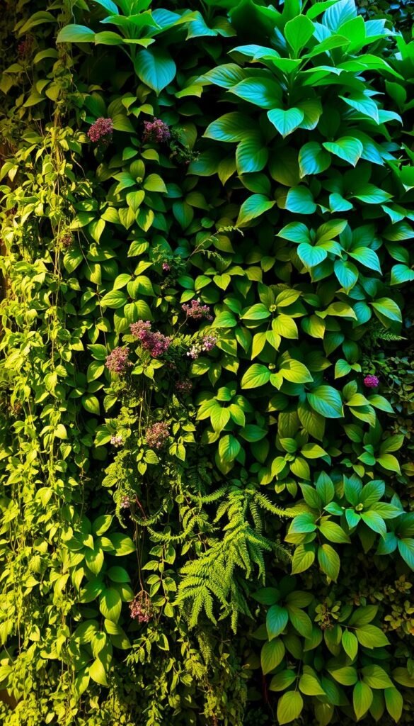 A lush indoor green wall, thriving with a vibrant array of verdant foliage. The foreground features a mix of cascading vines, ferns, and flowering plants, creating a natural, textured tapestry. The middle ground showcases larger leafy specimens, casting soft shadows that dance across the wall. In the background, a warm, diffused lighting gently illuminates the scene, highlighting the vibrant hues and creating a serene, rejuvenating atmosphere. The overall composition conveys a sense of urban oasis, showcasing the myriad benefits of incorporating living walls into city dwellings - cleaner air, reduced noise, and a soothing connection to nature.