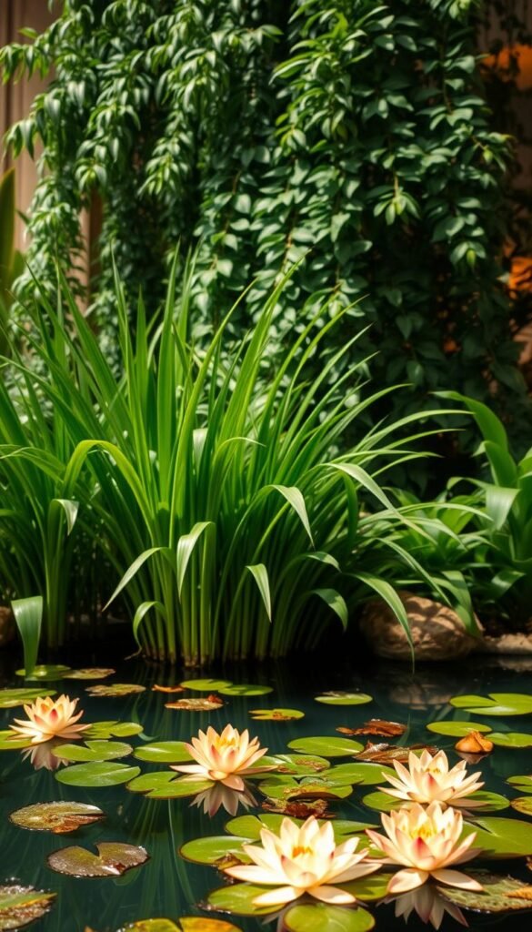 A lush indoor water garden featuring a variety of tranquil aquatic plants. In the foreground, delicate water lilies float atop a serene pond, their vibrant petals gently swaying. In the middle ground, clusters of graceful sword-shaped leaves from aquatic grasses sway in the still water, creating a sense of movement. Towering in the background, a majestic philodendron or monstera plant cascades its large, lush leaves, casting soft shadows on the scene. Warm, diffused lighting illuminates the plants, casting a calming, spa-like atmosphere. The image is captured from a slightly elevated angle, allowing the viewer to take in the full beauty and serenity of this indoor oasis.
