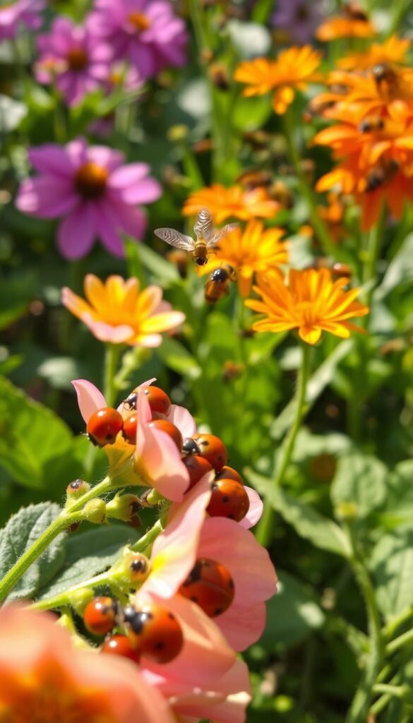 A lush, inviting garden scene showcasing a variety of beneficial insects in their natural habitats. In the foreground, a cluster of ladybugs crawl along the delicate petals of a flowering plant, their vibrant red shells gleaming in the soft, warm sunlight. In the middle ground, a solitary lacewing hovers gracefully, its gossamer wings reflecting the dappled light filtering through the verdant foliage. In the background, a swarm of pollinating bees dart between colorful blooms, their industrious movements a testament to the harmony of this thriving ecosystem. The scene is captured with a shallow depth of field, creating a dreamlike, serene atmosphere that emphasizes the importance of these valuable garden companions.