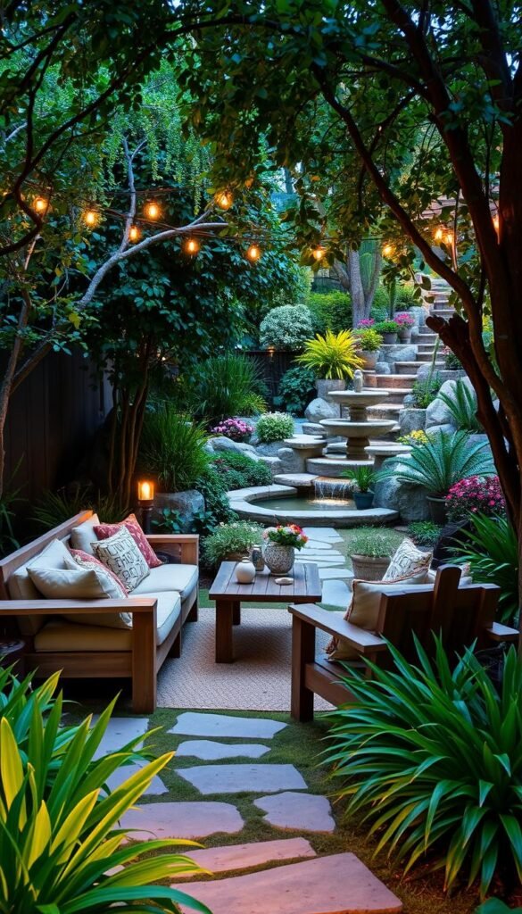 A lush, inviting outdoor living space with a cozy seating area nestled amidst a beautifully landscaped garden. Plush cushions and weathered wooden furniture create a warm, relaxing atmosphere. The space is illuminated by soft, ambient lighting, casting a gentle glow on the surrounding greenery and stone pathways. In the background, a water feature, such as a tranquil pond or fountain, adds a soothing, natural ambiance. The overall scene evokes a sense of tranquility and comfort, inviting visitors to unwind and enjoy the beauty of the outdoor oasis.