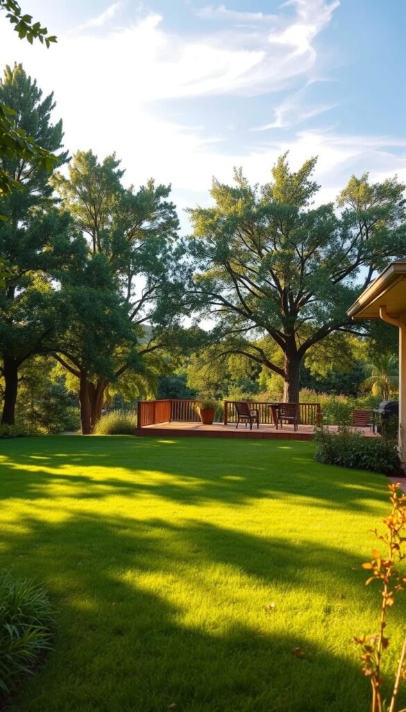 A lush, inviting outdoor space filled with potential. In the foreground, a well-manicured lawn stretches out, inviting exploration. Towering trees in the middle ground cast dappled shadows, hinting at hidden nooks and crannies. A wooden deck or patio, bathed in warm, golden afternoon light, beckons for relaxation and entertaining. The background reveals a blend of vibrant greenery, perhaps a carefully curated garden or natural landscape, brimming with possibilities. Soft, wispy clouds drift overhead, creating a serene, contemplative atmosphere, inspiring the viewer to envision how this space could be transformed into a truly remarkable retreat.