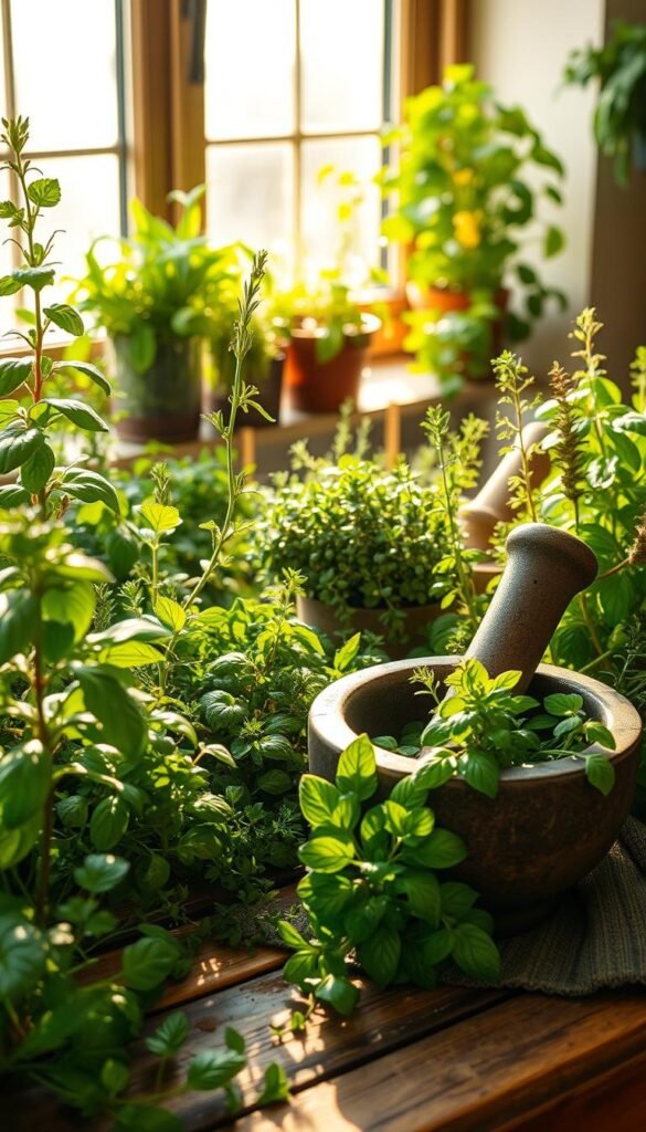 A lush kitchen garden filled with thriving homegrown herbs, illuminated by warm, natural lighting. In the foreground, a variety of herbs like basil, rosemary, and thyme stand tall, their vibrant green leaves glistening with morning dew. In the middle ground, a mortar and pestle rest on a rustic wooden table, surrounded by freshly harvested herbs, ready to be crushed and infused into nourishing dishes. The background features a cozy, sun-dappled patio or windowsill, where the herbs are grown, providing a tranquil and serene setting. The overall atmosphere conveys the health benefits and joy of cultivating your own flavorful herbs, connecting you to the source of your food.