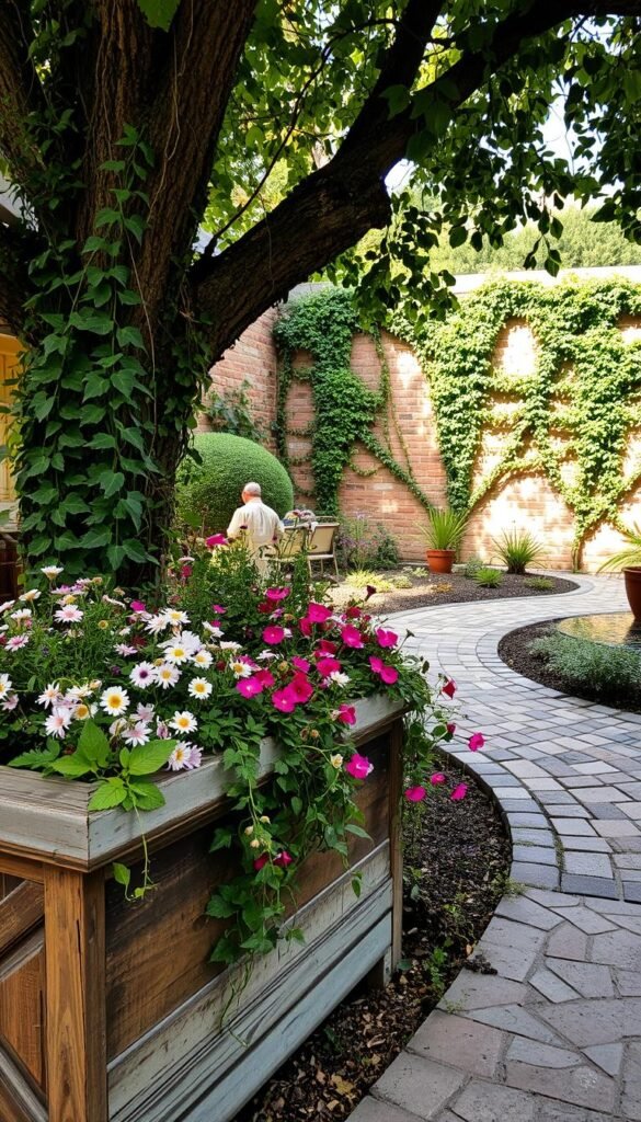 A lush, layered garden scene with a harmonious blend of vintage and modern textures. In the foreground, a weathered wooden planter overflows with cascading vines and vibrant wildflowers, their petals catching the soft, diffused light. In the middle ground, a mosaic-tiled path winds through a mix of rough stone pavers and smooth concrete, creating a tactile tapestry. The background features a weathered brick wall, its surface adorned with trailing ivy and delicate ferns, evoking a sense of timeless elegance. The overall composition is framed by the dappled sunlight filtering through the canopy of a mature tree, casting gentle shadows and creating a serene, contemplative atmosphere.