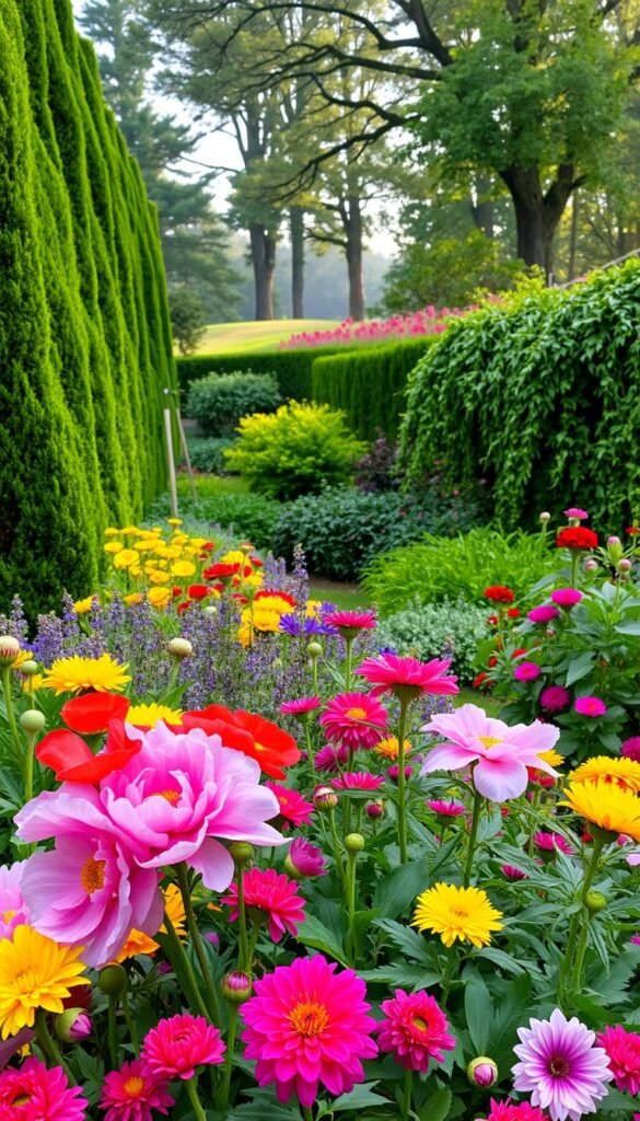 A lush, layered garden with vibrant blooms, verdant foliage, and cascading shrubs. In the foreground, a vibrant array of colorful flowers, including bold peonies, delicate poppies, and ruffled dahlias, set against a backdrop of towering evergreen hedges. The middle ground features a mix of textured perennials and trailing vines, creating a sense of depth and dimension. In the background, a gently sloping hill is dotted with towering trees, their branches casting a warm, dappled light across the scene. The overall composition evokes a sense of serene tranquility, inviting the viewer to immerse themselves in the beauty of this carefully curated garden oasis.