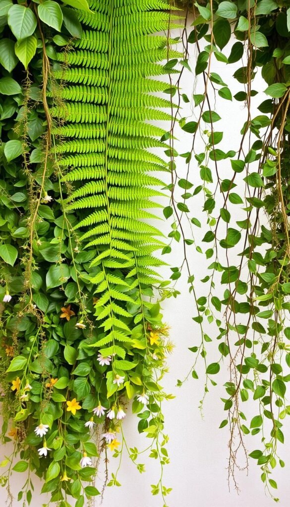 A lush, layered plant design featuring a variety of textures and hues. In the foreground, a mix of vibrant green foliage and delicate flowers cascade down, creating a sense of natural abundance. The middle ground showcases a towering, verdant fern frond alongside trailing vines that wind gracefully through the composition. In the background, a soft, diffused light filters through the leaves, casting gentle shadows and imbuing the scene with a serene, almost ethereal quality. The overall effect is one of harmony and balance, where the interplay of shapes, colors, and natural elements evokes a sense of tranquility and connection to the great outdoors.