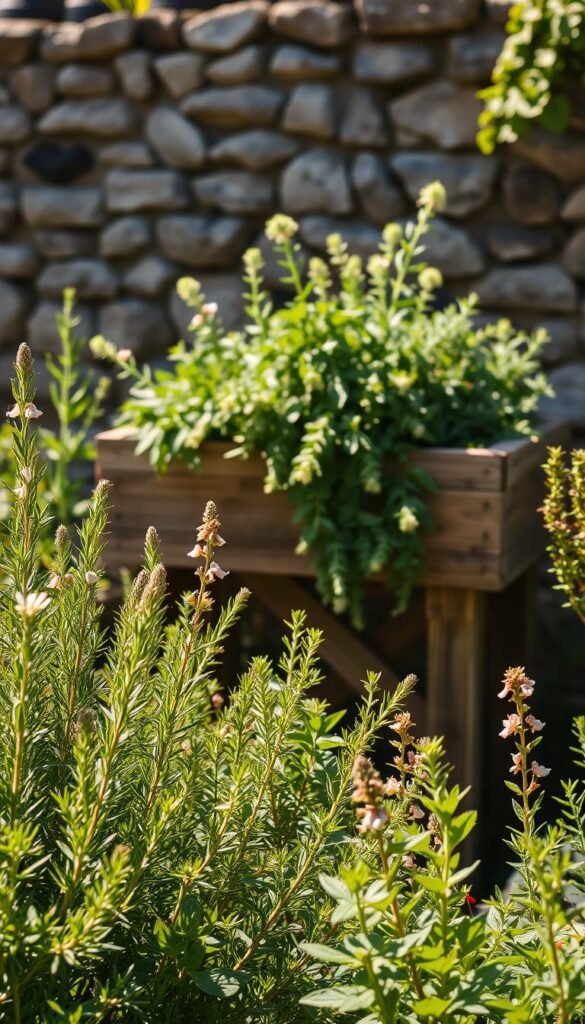 A lush, low-maintenance herb garden set against a warm, sun-dappled backdrop. In the foreground, an assortment of thriving perennial herbs, their vibrant foliage and delicate flowers gently swaying in a light breeze. The middle ground features a rustic wooden planter box, overflowing with a cascade of cascading rosemary, thyme, and oregano. In the background, a picturesque stone wall frames the scene, creating a sense of tranquility and timelessness. The lighting is soft and natural, casting a golden glow that highlights the garden's serene beauty. This image captures the essence of a perennial herb garden - a hardy, self-sustaining oasis that requires minimal effort to maintain year after year.