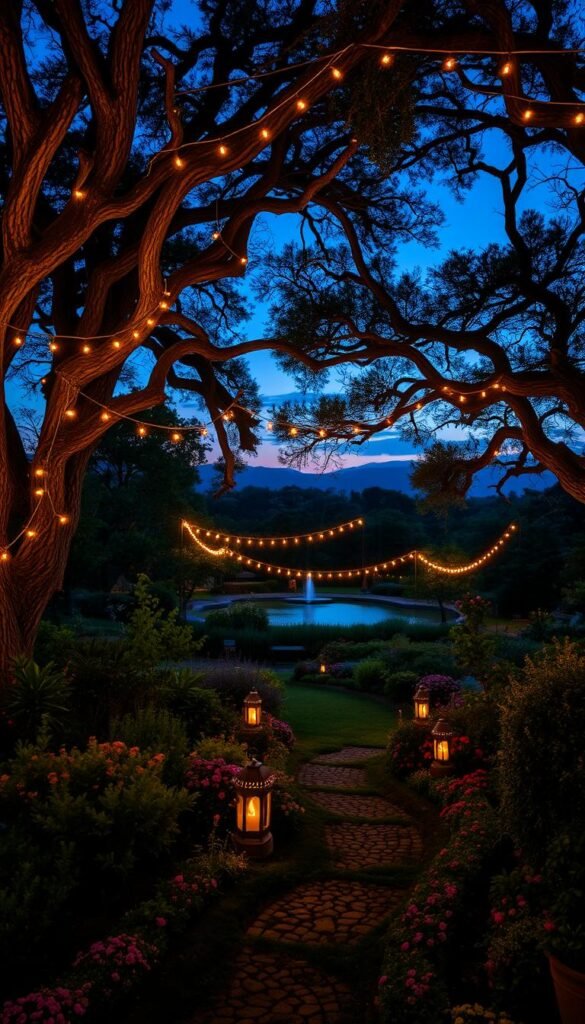 A lush, magical garden at twilight, illuminated by a warm, ethereal glow. Delicate fairy lights are strung among the branches of ancient oak trees, casting a soft, ambient light across the verdant landscape. In the foreground, a path lined with glowing lanterns winds through a colorful array of flowering plants and bushes. The middle ground features a tranquil pond, its surface reflecting the twinkling lights above. In the background, the silhouettes of distant hills and mountains lend a sense of depth and scale to the serene scene. The overall mood is one of enchantment and wonder, perfect for an unforgettable garden party.