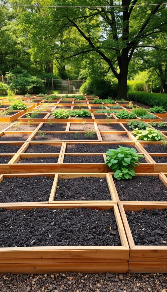 A lush, manicured garden with a striking grid pattern of raised planting beds. The beds are constructed with warm, weathered wooden frames, filled with rich, dark soil. The beds are arranged in a symmetrical, geometric layout, creating a sense of order and intentionality. Soft, diffused sunlight filters through the canopy of surrounding trees, casting gentle shadows across the beds. The overall scene conveys a serene, tranquil atmosphere, inviting the viewer to imagine tending to this productive and visually appealing outdoor space.