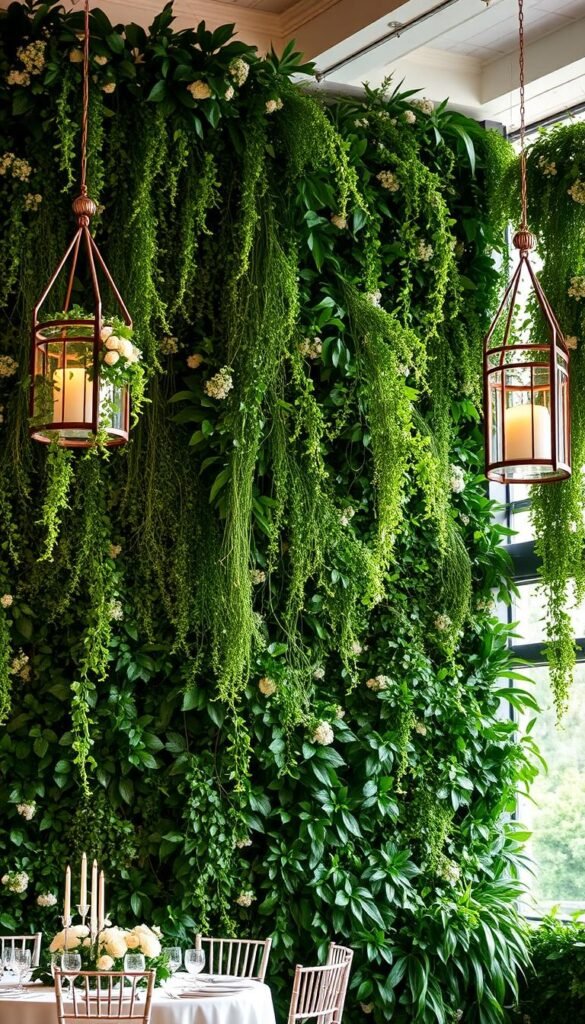 A lush, meticulously arranged vertical garden cascades down the walls of a light-filled wedding reception space. Verdant foliage in shades of green intermingles with delicate, colorful blooms, creating a serene, nature-inspired atmosphere. Elegant hanging planters and trellises are strategically placed, guiding the eye upwards and drawing the viewer into the tranquil scene. Soft, diffused lighting filters through the greenery, casting a warm, romantic glow and highlighting the interplay of textures. The overall composition evokes a sense of harmony, as if the indoor space has seamlessly blended with the outdoor world, enveloping guests in a serene, naturalistic setting.