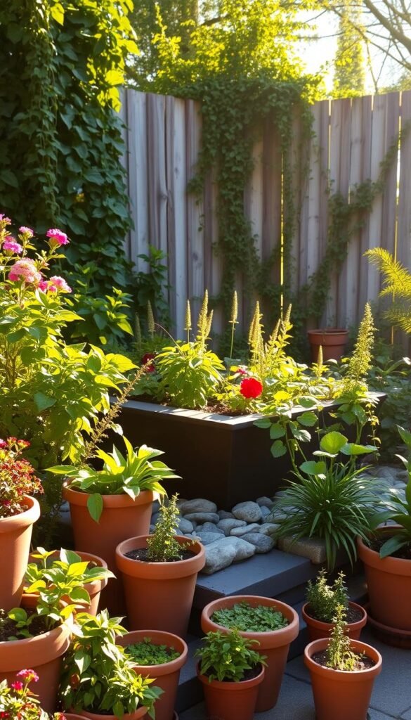 A lush, meticulously designed container garden, bathed in warm, golden afternoon light. In the foreground, an assortment of terracotta pots and wooden planters overflow with verdant foliage and vibrant blooms, creating a vibrant, textural tapestry. The middle ground features a sleek, raised garden bed, its edges framed by smooth river stones, where trailing vines and leafy greens cascade over the sides. In the background, a weathered wooden fence or trellis provides a rustic backdrop, complemented by the dappled sunlight filtering through the foliage. The overall atmosphere is one of tranquility, abundance, and a harmonious blend of organic shapes and natural materials.