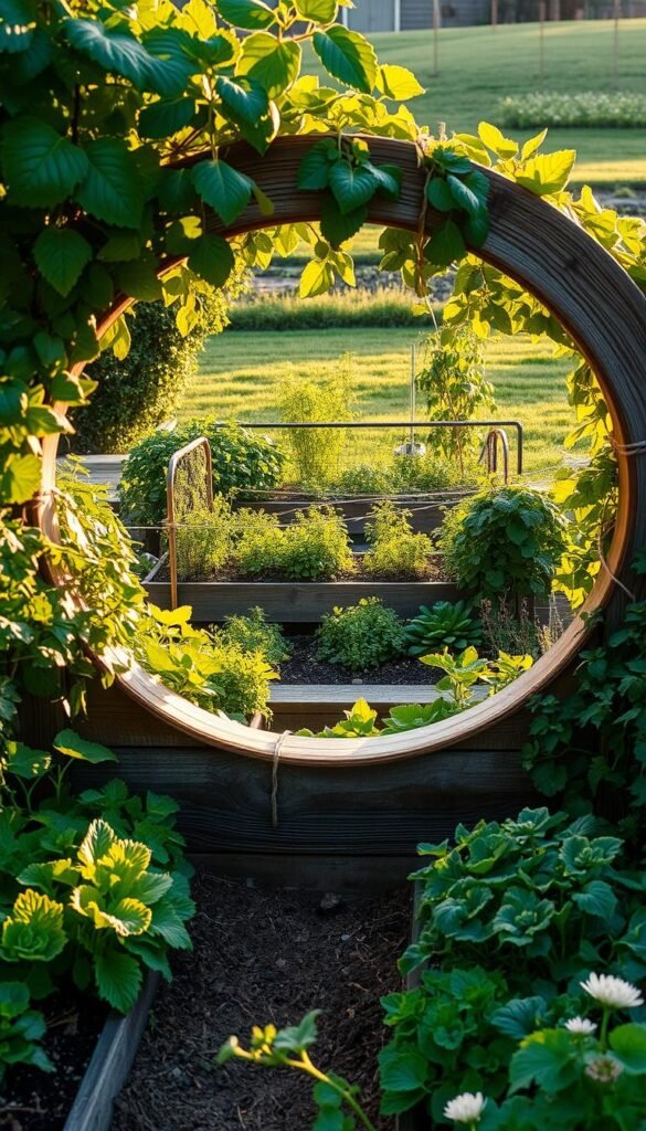 A lush, meticulously designed keyhole garden nestled in a tranquil backyard. In the foreground, rows of vibrant, verdant vegetables and herbs cascade organically within the curved keyhole design. The middle ground features a weathered, wooden raised bed framing the keyhole's graceful silhouette, bathed in warm, golden afternoon light. In the background, a well-tended vegetable patch and a gently sloping lawn create a sense of depth and harmony. The composition evokes a serene, productive oasis of efficiency, balance, and sustainable gardening practices.
