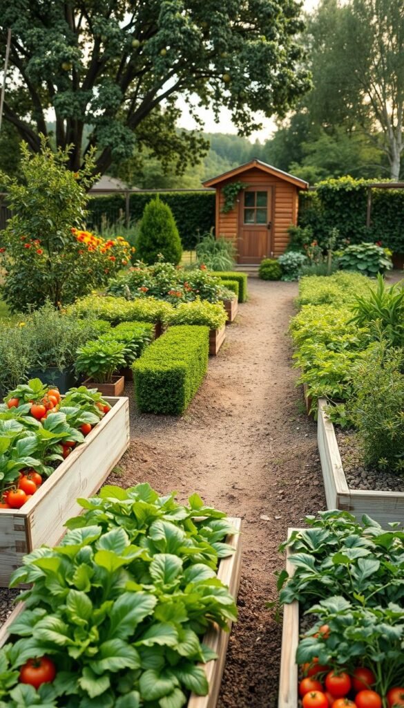A lush, meticulously designed vegetable garden layout showcasing a harmonious arrangement of thriving crops. The foreground features neatly organized raised beds brimming with leafy greens, vibrant tomatoes, and crisp carrots. The middle ground introduces a winding path flanked by fragrant herbs and compact bushes, leading the eye towards a quaint garden shed in the background. Soft, diffused lighting filters through the canopy of mature fruit trees, casting a warm, inviting glow over the entire scene. The overall composition exudes a sense of productivity, tranquility, and a keen attention to detail - a blueprint for a successful, beginner-friendly vegetable garden.