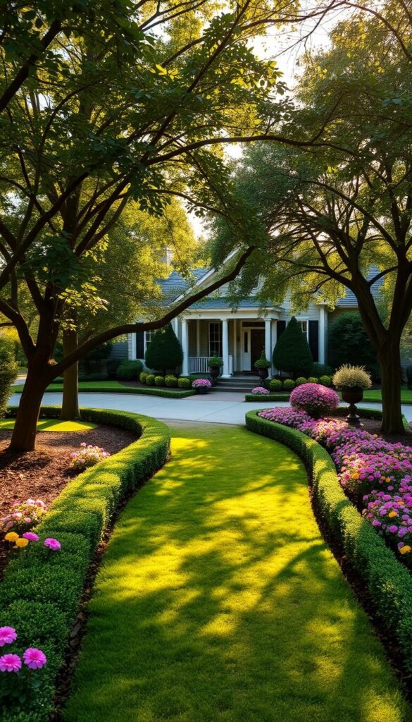 A lush, meticulously landscaped driveway leading to a charming suburban home. The foreground features a gently winding path lined with neatly trimmed hedges and vibrant flower beds in hues of pink, purple, and yellow. Mature trees provide dappled shade, their branches casting intricate patterns on the ground. In the middle ground, a carefully curated selection of potted plants and decorative garden ornaments add visual interest. The background showcases the home's elegant facade, with a welcoming porch and a well-manicured lawn. The scene is bathed in warm, golden afternoon light, creating a serene and inviting atmosphere.