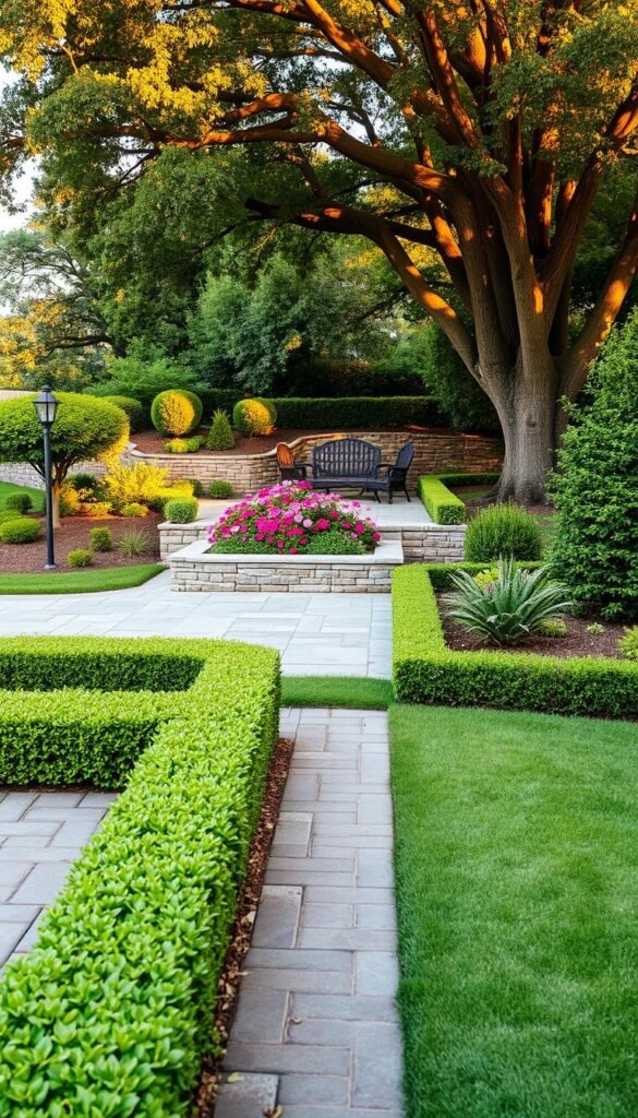 A lush, meticulously landscaped garden with clearly defined zones. In the foreground, a neatly trimmed hedgerow borders a pathway leading to a central patio with intricately patterned pavers. The middle ground features a raised flower bed with vibrant blooms, framed by a low stone wall. In the background, a secluded seating area is nestled under the dappled shade of mature trees, their branches casting a warm, golden glow across the scene. The overall composition conveys a sense of balance, order, and intentional design, ideal for showcasing the power of hardscaping and borders to elevate a landscape.