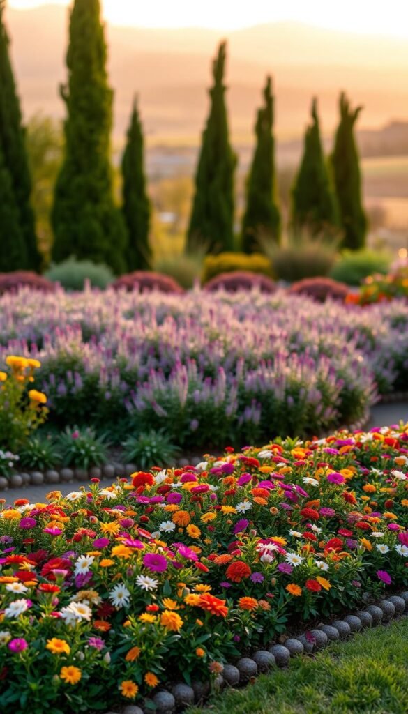 A lush, meticulously manicured flower bed sits in the foreground, its edges defined by a delicate border of small, vibrant blooms in a variety of colors. The middle ground showcases an array of towering, stately perennials that frame the central display, while the background features a soft, hazy landscape with rolling hills and a warm, golden sunset glow. The lighting is soft and diffused, creating a serene, inviting atmosphere that draws the viewer's eye to the expertly designed edging, which serves as a captivating focal point. Shot from a slightly elevated angle, the image emphasizes the intricate details and harmonious composition of this exquisite floral arrangement.