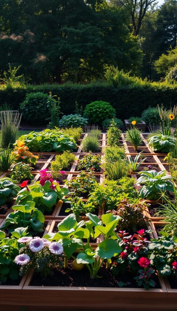 A lush, meticulously organized square foot garden layout, with each 1-foot section precisely delineated by crisp, contrasting wooden frames. The foreground showcases a variety of flourishing vegetables, herbs, and flowers, their vibrant colors and textures creating a visually appealing patchwork. The middle ground features a neat grid of planting beds, illuminated by warm, natural sunlight filtering through wispy clouds. In the background, a verdant, lush garden setting with mature trees and shrubs frames the scene, conveying a sense of tranquility and abundance. The overall composition emphasizes the efficient use of space, the harmony between plants, and the beauty of a well-designed square foot gardening system.