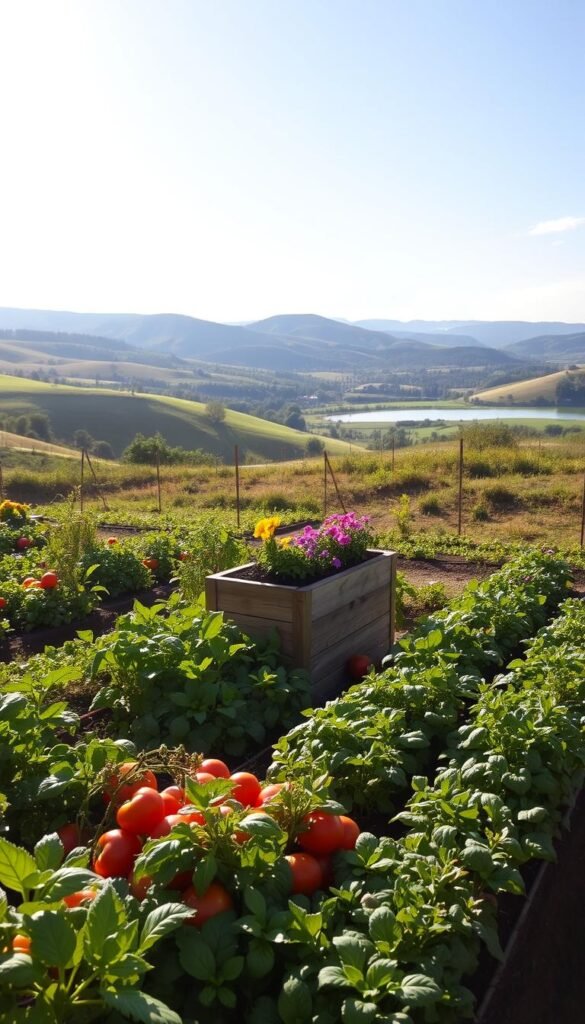 A lush, meticulously organized vegetable garden nestled in a tranquil, sunlit setting. In the foreground, carefully tended rows of thriving crops - tomatoes, leafy greens, and vibrant herbs - arranged in a visually appealing layout. The middle ground features a rustic wooden planter box overflowing with colorful flowers, complementing the overall harmony. In the background, a picturesque landscape with rolling hills, a serene pond, and a cloudless azure sky, bathed in the warm glow of the afternoon sun. The scene conveys a sense of balanced productivity, efficiency, and a deep connection to the natural world, capturing the essence of effective garden planning.