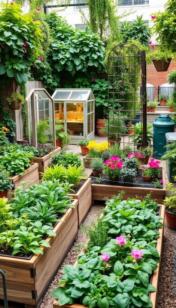 A lush, meticulously planned garden layout showcasing creative use of vertical space and compact gardening techniques. In the foreground, raised garden beds brimming with vibrant herbs, vegetables, and flowers, efficiently utilizing every inch. The middle ground features a mix of potted plants, trellises, and hanging baskets, creating a visually dynamic and space-saving arrangement. In the background, a small greenhouse or cold frame casts a warm, inviting glow, complemented by a neatly organized tool shed and compost bin. Soft, natural lighting illuminates the scene, highlighting the harmony between function and aesthetic. The overall atmosphere exudes a sense of productivity, organization, and a celebration of urban gardening innovation.