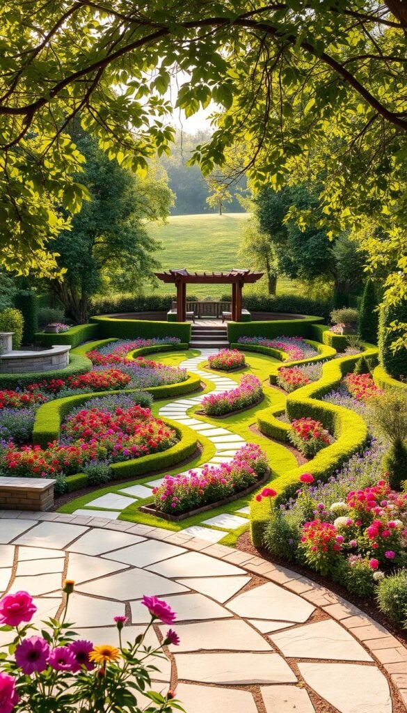 A lush, meticulously planned garden layout with a harmonious blend of vibrant flowers, neatly trimmed hedges, and winding stone paths. Soft, warm lighting filters through the canopy of verdant trees, casting a serene ambiance over the scene. In the foreground, a beautifully designed patio invites visitors to relax and take in the tranquil surroundings. The middle ground features a well-organized arrangement of plant beds, each showcasing a diverse array of colorful blooms. In the background, a picturesque gazebo or pergola provides a focal point, framed by the gently sloping landscape. The overall composition exudes a sense of balance, depth, and effortless elegance, perfectly capturing the essence of a thoughtfully designed garden layout.