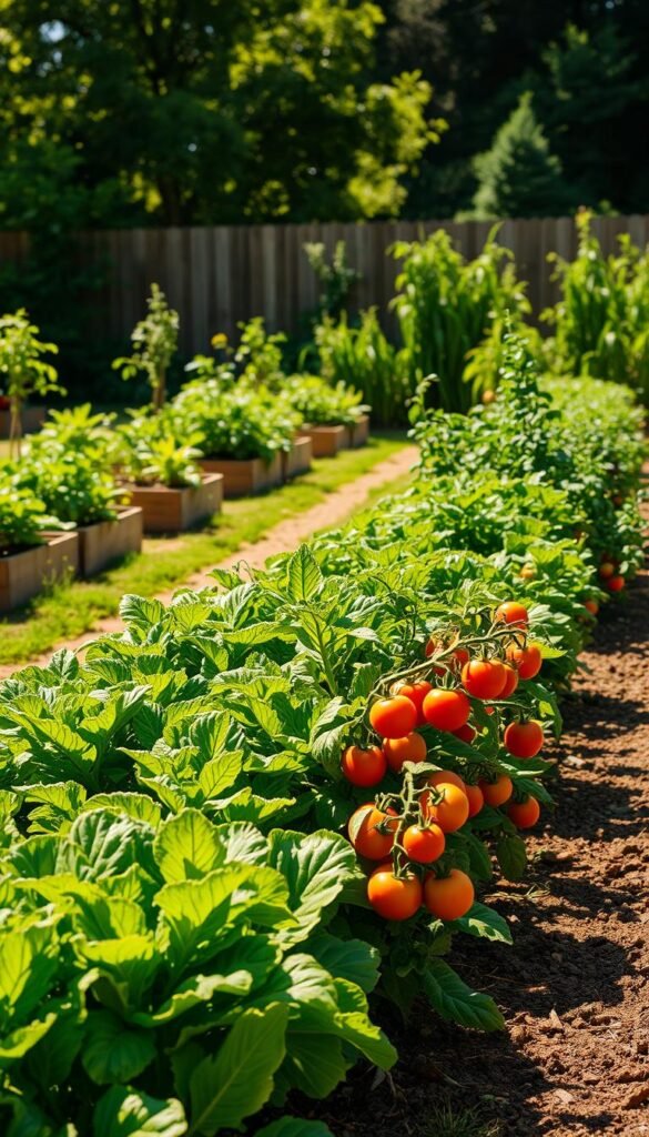A lush, meticulously planned vegetable garden in a sunny, open setting. In the foreground, rows of vibrant green lettuce and plump, ripe tomatoes stand tall, their leaves and fruit glistening under the warm afternoon light. The middle ground features a gently meandering path, flanked by neatly tended raised beds brimming with a variety of healthy, thriving crops. In the background, a wooden fence provides a natural border, with verdant foliage and the occasional flutter of birds adding to the serene, idyllic atmosphere. The scene conveys a sense of harmony, balance, and the joy of nurturing a productive, well-designed vegetable garden.