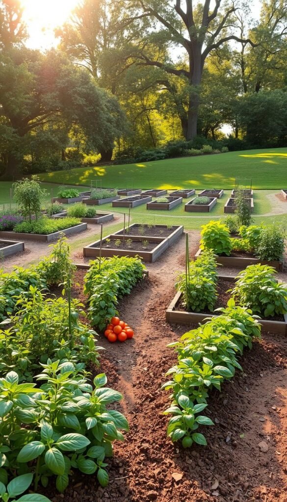 A lush, meticulously planned vegetable garden layout, with neatly arranged raised garden beds and winding paths. Warm, diffused sunlight filters through the canopy of mature trees, casting gentle shadows across the scene. In the foreground, a mix of leafy greens, vibrant tomato plants, and fragrant herbs flourish, their colors popping against the rich, loamy soil. In the middle ground, a series of precisely measured and constructed raised beds form geometric patterns, optimizing the use of space. In the background, a well-maintained lawn gently slopes away, framing the productive oasis. The overall atmosphere is one of order, productivity, and tranquility, inviting the viewer to envision themselves tending to this bountiful backyard garden.