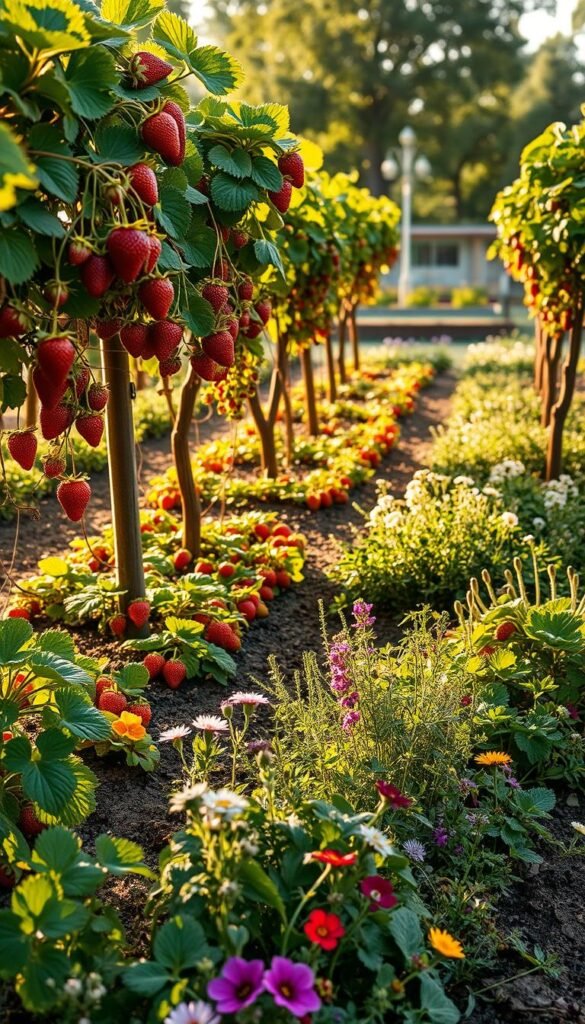 A lush, miniature orchard nestled in a charming garden, with rows of vibrant strawberry plants lining the edges, their ripe, ruby-red berries glistening in the soft, golden light. Delicate grape vines, their tendrils cascading down trellises, add a touch of elegance. In the foreground, a mix of fragrant herbs and edible flowers create a captivating border, inviting exploration. The scene is bathed in a warm, sun-dappled glow, captured through the lens of a wide-angle camera, showcasing the harmonious integration of this productive, yet visually stunning, edible landscape.